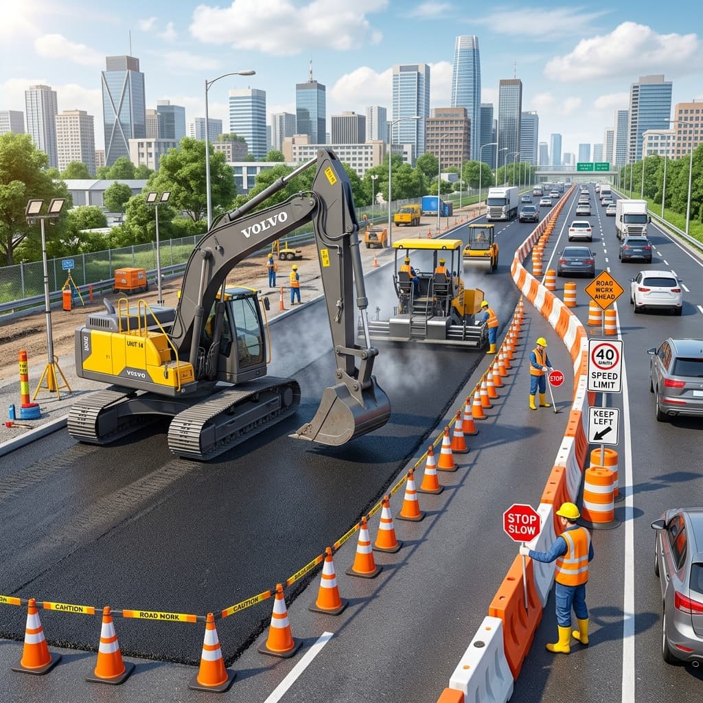 Temporäre Verkehrssicherung und Baustellenabsicherung auf der Fahrbahn